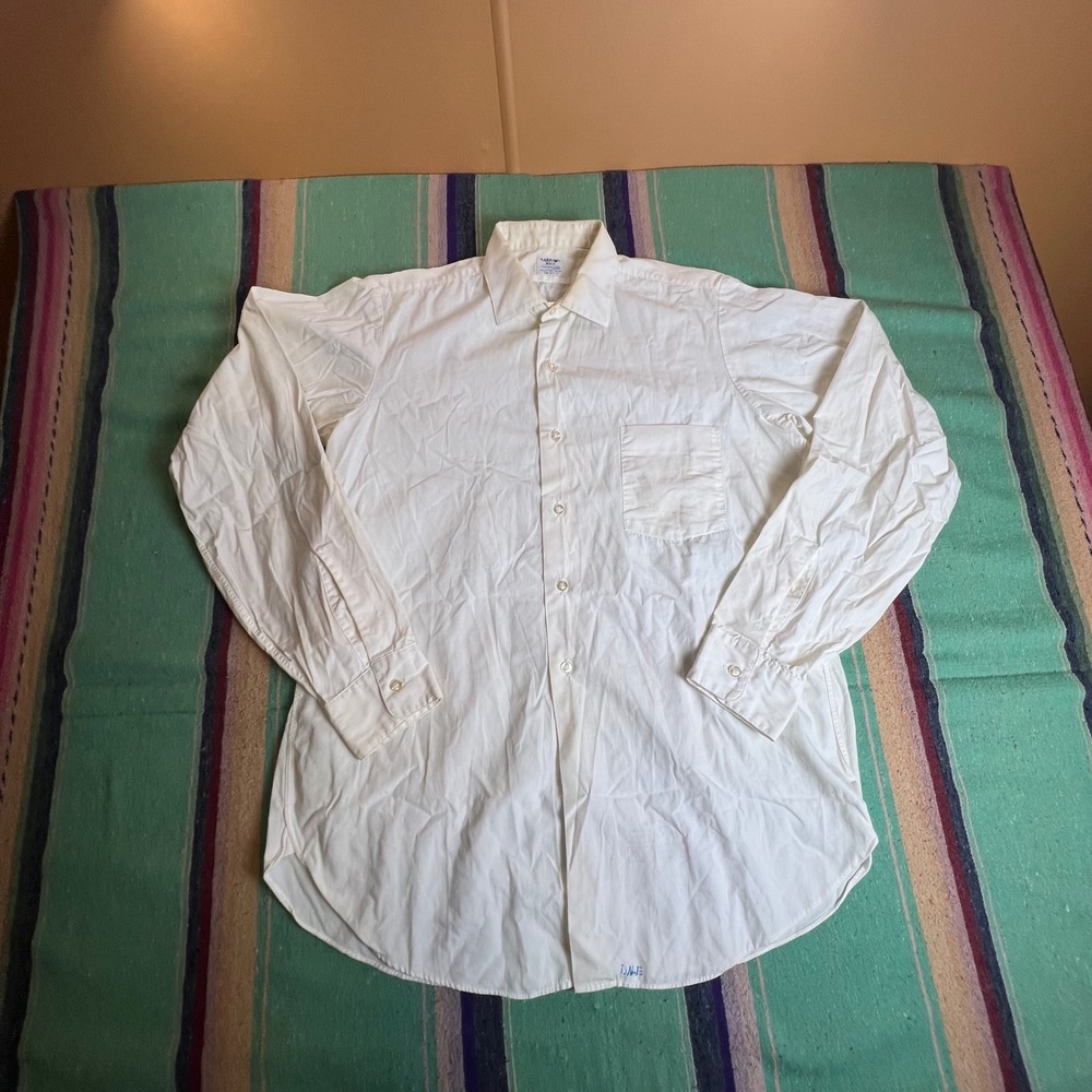 Arrow Whip Button Down Shirt Mens 15.5 White Vintage USA Sanforized Cotton